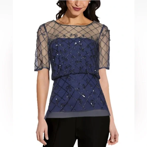 ADRIANNA PAPELL Beaded Sheer Zippered Short Sleeve Crew Neck Evening Top Reemoly - Picture 1 of 2